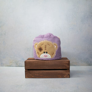 Tattered Teddy Bear on Purple Hooded Bath Towel