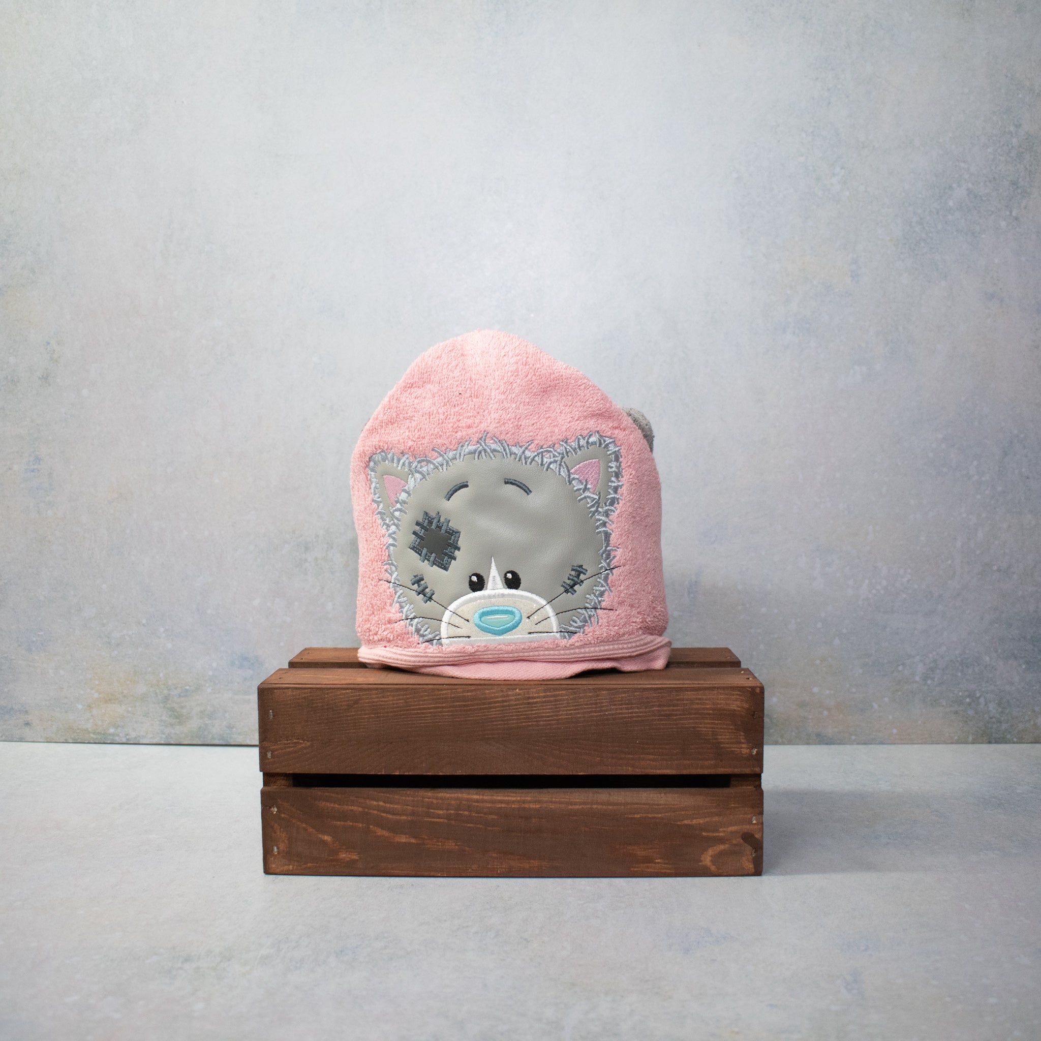 Tattered Kitty on Pink Hooded Bath Towel